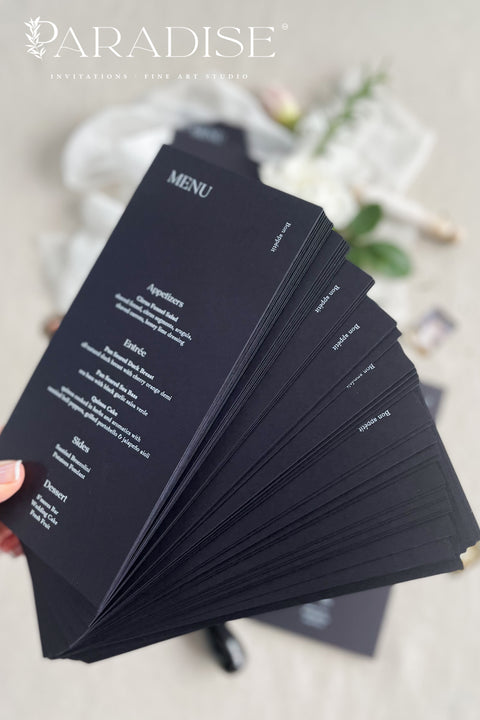 Make a bold and timeless statement with our black and white wedding menus, designed for couples who love modern minimalism and fine-art contrast. Printed on premium matte cardstock, each menu features elegant white typography against a deep black background - creating a sophisticated balance of drama and refinement. Perfect for luxury weddings, black-tie events, and evening receptions, these menus elevate every tablescape with effortless style and precision.