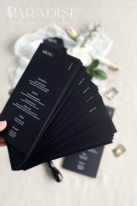 Make a bold and timeless statement with our black and white wedding menus, designed for couples who love modern minimalism and fine-art contrast. Printed on premium matte cardstock, each menu features elegant white typography against a deep black background - creating a sophisticated balance of drama and refinement. Perfect for luxury weddings, black-tie events, and evening receptions, these menus elevate every tablescape with effortless style and precision.