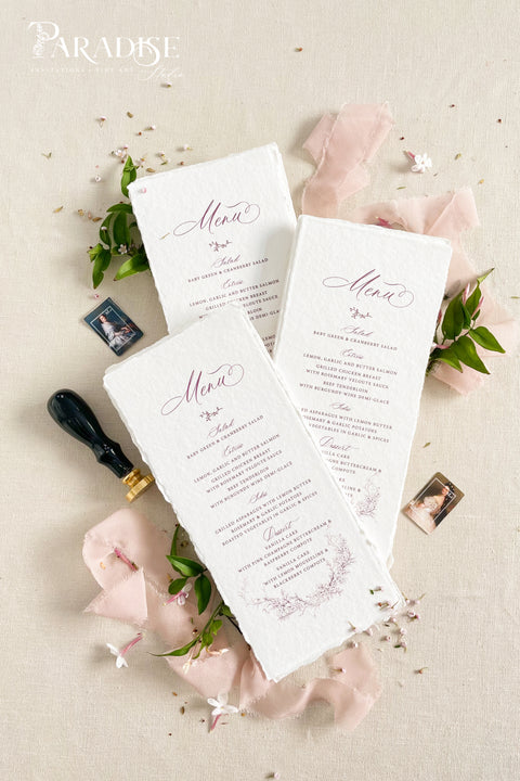 Infuse your reception with timeless romance using our handmade paper wedding menus adorned with delicate blush botanical illustrations. Crafted from luxury deckle-edge cotton paper, each menu radiates soft texture and fine-art charm - a perfect complement to romantic, garden, or elegant ballroom celebrations. The subtle floral detailing and graceful script create a cohesive, refined look for your wedding tablescape.