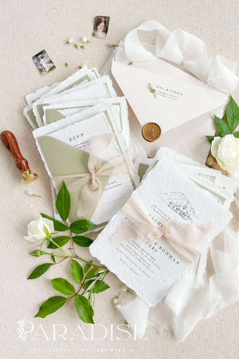 Celebrate your love story with our handmade deckled-edge wedding invitations, beautifully crafted with soft sage green accents, silk ribbon, and timeless wax seals. Each invitation is made by hand on luxurious 100% cotton paper, giving every piece an organic texture and an authentic fine art finish.