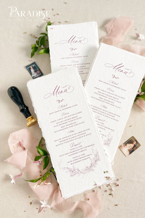 Infuse your reception with timeless romance using our handmade paper wedding menus adorned with delicate blush botanical illustrations. Crafted from luxury deckle-edge cotton paper, each menu radiates soft texture and fine-art charm - a perfect complement to romantic, garden, or elegant ballroom celebrations. The subtle floral detailing and graceful script create a cohesive, refined look for your wedding tablescape.