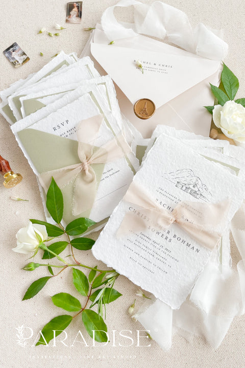 Celebrate your love story with our handmade deckled-edge wedding invitations, beautifully crafted with soft sage green accents, silk ribbon, and timeless wax seals. Each invitation is made by hand on luxurious 100% cotton paper, giving every piece an organic texture and an authentic fine art finish.