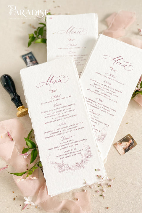 Infuse your reception with timeless romance using our handmade paper wedding menus adorned with delicate blush botanical illustrations. Crafted from luxury deckle-edge cotton paper, each menu radiates soft texture and fine-art charm - a perfect complement to romantic, garden, or elegant ballroom celebrations. The subtle floral detailing and graceful script create a cohesive, refined look for your wedding tablescape.