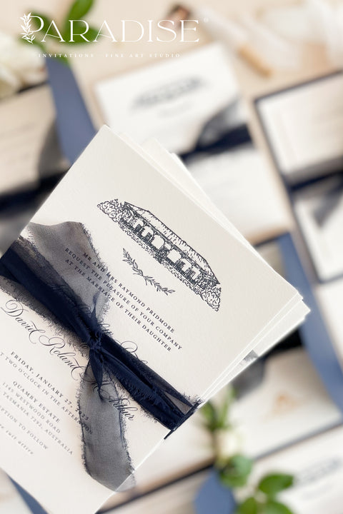 Elegant and refined, this letterpress wedding invitation suite brings classic artistry to modern romance. Featuring a custom hand-drawn illustration of your wedding venue, each piece is printed on luxurious cotton cardstock using the timeless technique of letterpress printing - creating a deep, tactile impression that you can both see and feel. The suite is accented with navy envelopes and tied with a silk ribbon, perfectly balancing sophistication with sentiment.