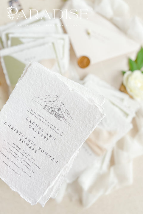 Celebrate your love story with our handmade deckled-edge wedding invitations, beautifully crafted with soft sage green accents, silk ribbon, and timeless wax seals. Each invitation is made by hand on luxurious 100% cotton paper, giving every piece an organic texture and an authentic fine art finish.