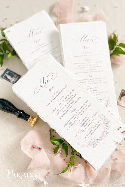 Infuse your reception with timeless romance using our handmade paper wedding menus adorned with delicate blush botanical illustrations. Crafted from luxury deckle-edge cotton paper, each menu radiates soft texture and fine-art charm - a perfect complement to romantic, garden, or elegant ballroom celebrations. The subtle floral detailing and graceful script create a cohesive, refined look for your wedding tablescape.