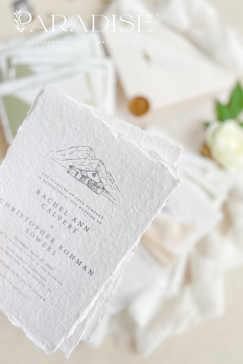 Celebrate your love story with our handmade deckled-edge wedding invitations, beautifully crafted with soft sage green accents, silk ribbon, and timeless wax seals. Each invitation is made by hand on luxurious 100% cotton paper, giving every piece an organic texture and an authentic fine art finish.
