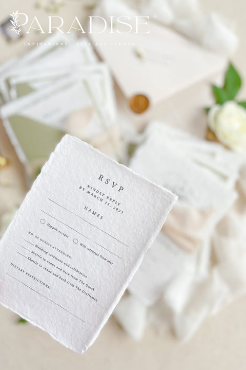 Celebrate your love story with our handmade deckled-edge wedding invitations, beautifully crafted with soft sage green accents, silk ribbon, and timeless wax seals. Each invitation is made by hand on luxurious 100% cotton paper, giving every piece an organic texture and an authentic fine art finish.
