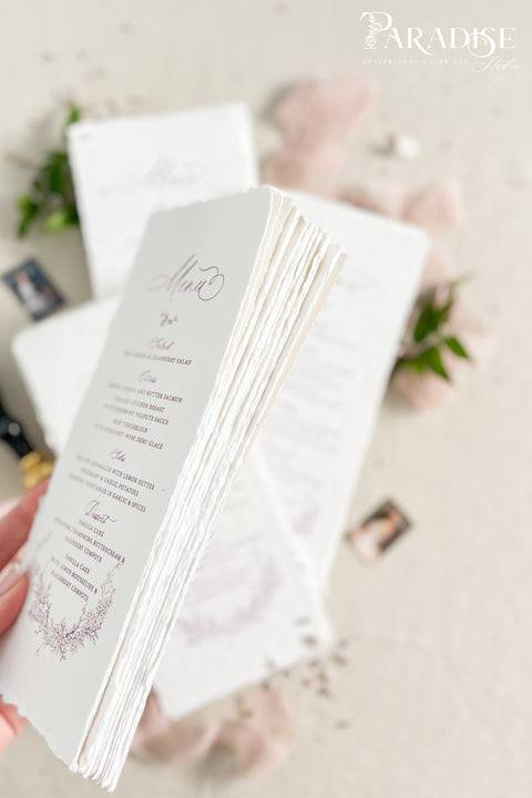 Infuse your reception with timeless romance using our handmade paper wedding menus adorned with delicate blush botanical illustrations. Crafted from luxury deckle-edge cotton paper, each menu radiates soft texture and fine-art charm - a perfect complement to romantic, garden, or elegant ballroom celebrations. The subtle floral detailing and graceful script create a cohesive, refined look for your wedding tablescape.