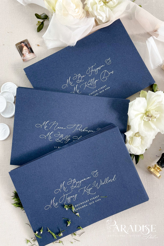 Navy Envelopes and White Ink Printing