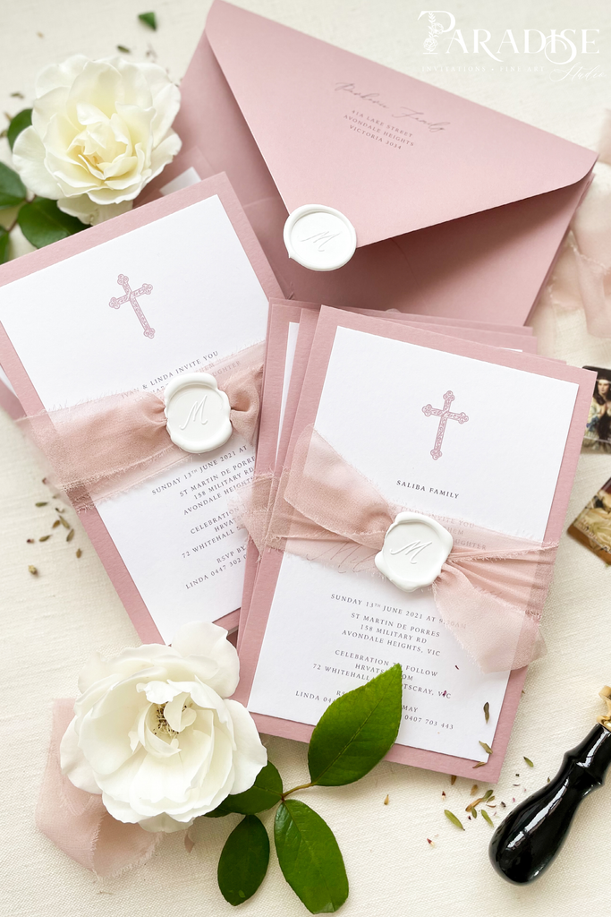 Illiana Wild rose paper, silk ribbons and wax seals Christian Invitations