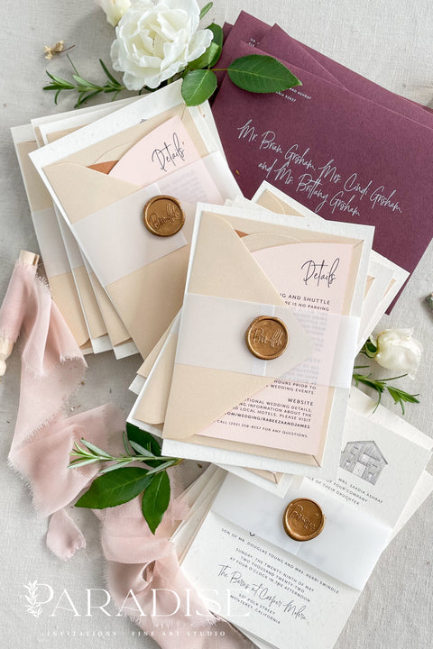 This wedding invitation suite beautifully blends fine art design and personal storytelling, featuring a custom hand-drawn illustration of your wedding venue. Each suite is printed on luxury textured paper, layered with translucent vellum, and sealed with a gold wax emblem, creating an elegant, timeless presentation. Designed for couples who appreciate artistry and sentiment, it’s a true keepsake that celebrates your love and the place where your story begins.