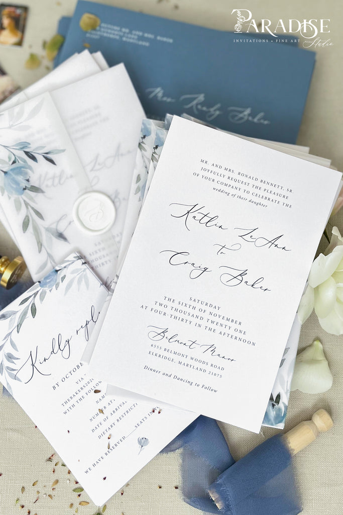 Ines Dusty Blue Floral Wedding Invitations