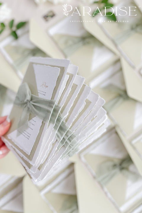 Announce your special day with the serene beauty of these cotton rag handmade paper wedding invitations. Perfect for a garden wedding, this suite captures the natural elegance of your event with a fresh sage theme and a delicate olive branch design. The olive invites are printed on premium, artisan paper with a natural deckle edge, providing a truly organic and luxurious feel that will enchant your guests.