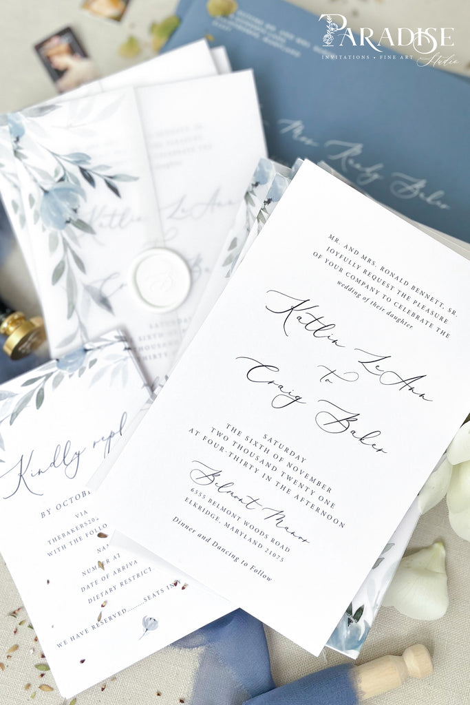 Ines Dusty Blue Floral Wedding Invitations