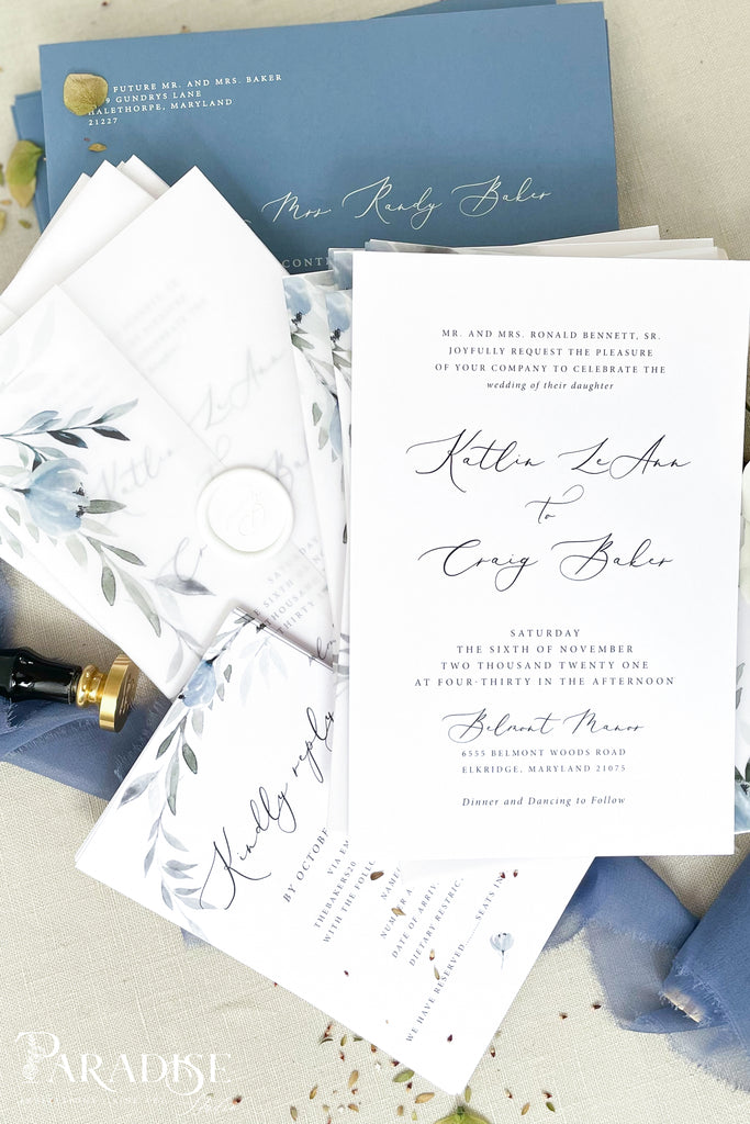 Ines Dusty Blue Floral Wedding Invitations