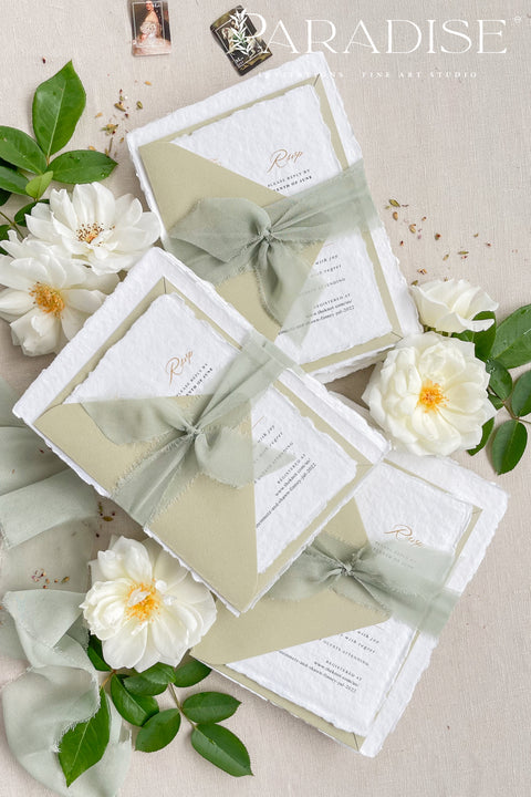Announce your special day with the serene beauty of these cotton rag handmade paper wedding invitations. Perfect for a garden wedding, this suite captures the natural elegance of your event with a fresh sage theme and a delicate olive branch design. The olive invites are printed on premium, artisan paper with a natural deckle edge, providing a truly organic and luxurious feel that will enchant your guests.