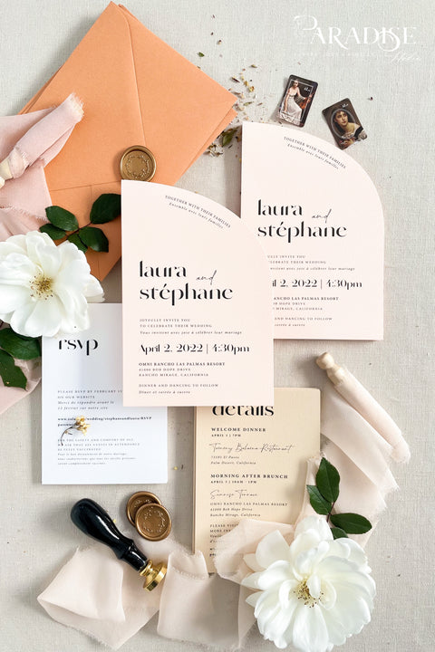 This half arch wedding invitation suite radiates warmth, modern charm, and effortless sophistication. With its unique curved silhouette, contemporary typography, and soft peach and nude tones, it strikes the perfect balance between minimalist design and romantic detail. Printed on luxury fine art cardstock, each invitation feels smooth, substantial, and refined - a tactile expression of craftsmanship and love. Paired with apricot envelopes, blush silk ribbons, and a classic gold wax seal.