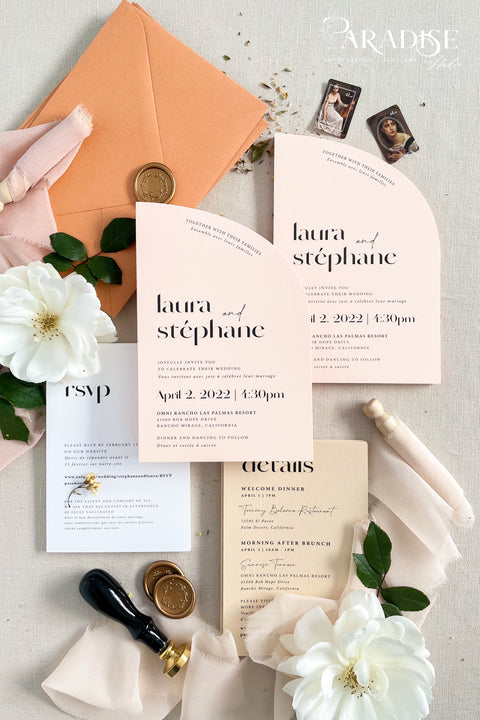 This half arch wedding invitation suite radiates warmth, modern charm, and effortless sophistication. With its unique curved silhouette, contemporary typography, and soft peach and nude tones, it strikes the perfect balance between minimalist design and romantic detail. Printed on luxury fine art cardstock, each invitation feels smooth, substantial, and refined - a tactile expression of craftsmanship and love. Paired with apricot envelopes, blush silk ribbons, and a classic gold wax seal.