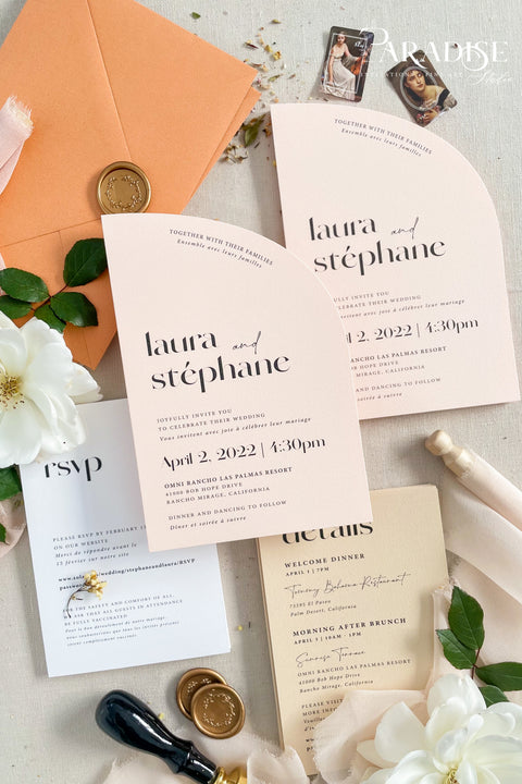 This half arch wedding invitation suite radiates warmth, modern charm, and effortless sophistication. With its unique curved silhouette, contemporary typography, and soft peach and nude tones, it strikes the perfect balance between minimalist design and romantic detail. Printed on luxury fine art cardstock, each invitation feels smooth, substantial, and refined - a tactile expression of craftsmanship and love. Paired with apricot envelopes, blush silk ribbons, and a classic gold wax seal.