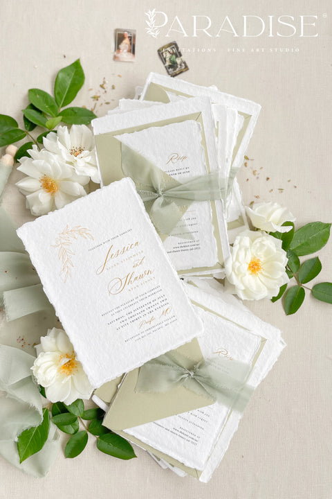 Announce your special day with the serene beauty of these cotton rag handmade paper wedding invitations. Perfect for a garden wedding, this suite captures the natural elegance of your event with a fresh sage theme and a delicate olive branch design. The olive invites are printed on premium, artisan paper with a natural deckle edge, providing a truly organic and luxurious feel that will enchant your guests.