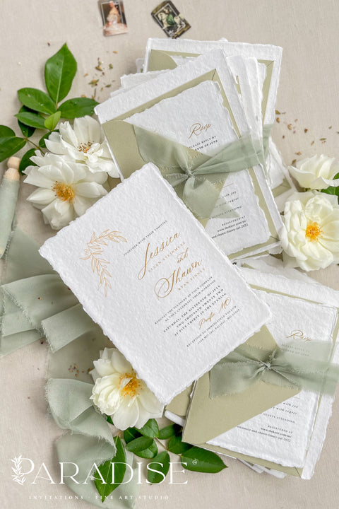 Announce your special day with the serene beauty of these cotton rag handmade paper wedding invitations. Perfect for a garden wedding, this suite captures the natural elegance of your event with a fresh sage theme and a delicate olive branch design. The olive invites are printed on premium, artisan paper with a natural deckle edge, providing a truly organic and luxurious feel that will enchant your guests.