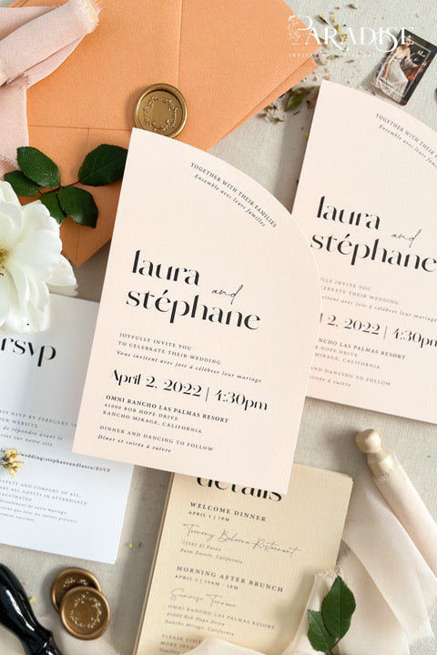 This half arch wedding invitation suite radiates warmth, modern charm, and effortless sophistication. With its unique curved silhouette, contemporary typography, and soft peach and nude tones, it strikes the perfect balance between minimalist design and romantic detail. Printed on luxury fine art cardstock, each invitation feels smooth, substantial, and refined - a tactile expression of craftsmanship and love. Paired with apricot envelopes, blush silk ribbons, and a classic gold wax seal.