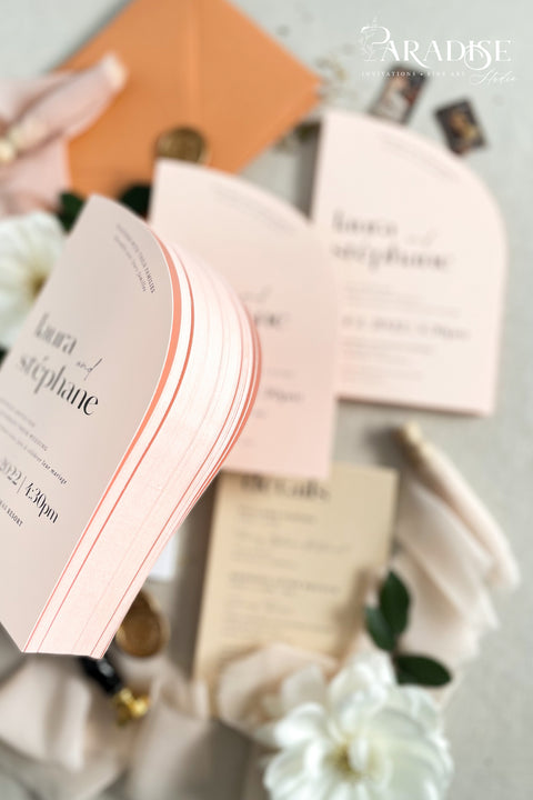This half arch wedding invitation suite radiates warmth, modern charm, and effortless sophistication. With its unique curved silhouette, contemporary typography, and soft peach and nude tones, it strikes the perfect balance between minimalist design and romantic detail. Printed on luxury fine art cardstock, each invitation feels smooth, substantial, and refined - a tactile expression of craftsmanship and love. Paired with apricot envelopes, blush silk ribbons, and a classic gold wax seal.