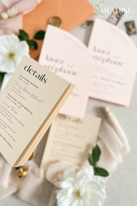 This half arch wedding invitation suite radiates warmth, modern charm, and effortless sophistication. With its unique curved silhouette, contemporary typography, and soft peach and nude tones, it strikes the perfect balance between minimalist design and romantic detail. Printed on luxury fine art cardstock, each invitation feels smooth, substantial, and refined - a tactile expression of craftsmanship and love. Paired with apricot envelopes, blush silk ribbons, and a classic gold wax seal.
