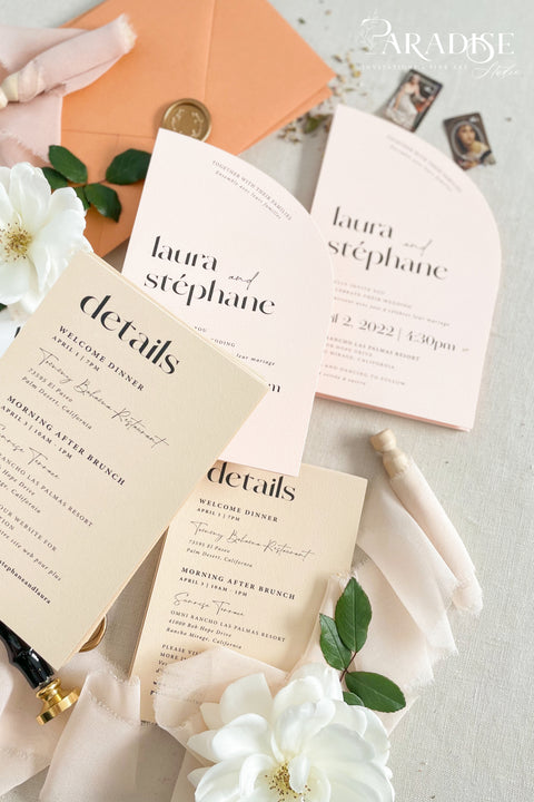 This half arch wedding invitation suite radiates warmth, modern charm, and effortless sophistication. With its unique curved silhouette, contemporary typography, and soft peach and nude tones, it strikes the perfect balance between minimalist design and romantic detail. Printed on luxury fine art cardstock, each invitation feels smooth, substantial, and refined - a tactile expression of craftsmanship and love. Paired with apricot envelopes, blush silk ribbons, and a classic gold wax seal.