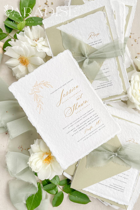 Announce your special day with the serene beauty of these cotton rag handmade paper wedding invitations. Perfect for a garden wedding, this suite captures the natural elegance of your event with a fresh sage theme and a delicate olive branch design. The olive invites are printed on premium, artisan paper with a natural deckle edge, providing a truly organic and luxurious feel that will enchant your guests.