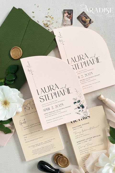 This half arch wedding invitation suite is a perfect blend of modern design and romantic artistry, crafted for couples who adore contemporary elegance with a soft, organic touch. Featuring a unique half-arched silhouette, this suite brings a sculptural dimension to your stationery - minimal yet undeniably striking. Printed on luxury textured cardstock in a delicate blush tone, each piece is complemented by botanical details and refined typography that balance modern minimalism with timeless charm.