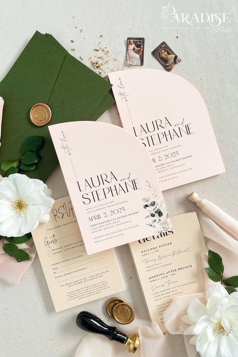 This half arch wedding invitation suite is a perfect blend of modern design and romantic artistry, crafted for couples who adore contemporary elegance with a soft, organic touch. Featuring a unique half-arched silhouette, this suite brings a sculptural dimension to your stationery - minimal yet undeniably striking. Printed on luxury textured cardstock in a delicate blush tone, each piece is complemented by botanical details and refined typography that balance modern minimalism with timeless charm.