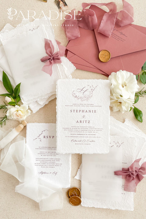 Announce your special day with the timeless beauty of these garden wedding invites. Perfect for a lush, romantic celebration, this suite combines the luxurious, tactile feel of handmade paper with an elegant, personalized monogram. The result is a truly timeless romantic wedding stationery set that feels both classic and intimately personal, leaving a lasting impression on your guests.