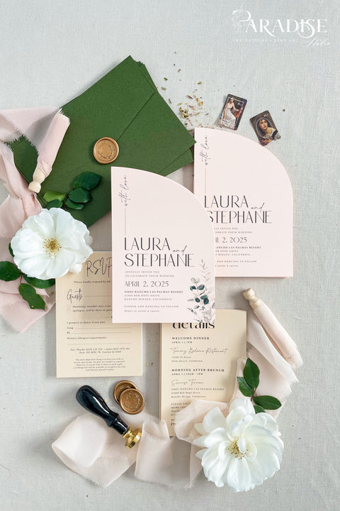This half arch wedding invitation suite is a perfect blend of modern design and romantic artistry, crafted for couples who adore contemporary elegance with a soft, organic touch. Featuring a unique half-arched silhouette, this suite brings a sculptural dimension to your stationery - minimal yet undeniably striking. Printed on luxury textured cardstock in a delicate blush tone, each piece is complemented by botanical details and refined typography that balance modern minimalism with timeless charm.