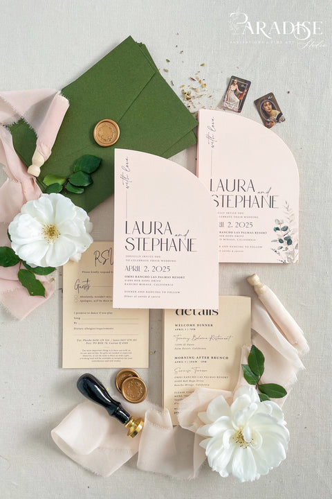 This half arch wedding invitation suite is a perfect blend of modern design and romantic artistry, crafted for couples who adore contemporary elegance with a soft, organic touch. Featuring a unique half-arched silhouette, this suite brings a sculptural dimension to your stationery - minimal yet undeniably striking. Printed on luxury textured cardstock in a delicate blush tone, each piece is complemented by botanical details and refined typography that balance modern minimalism with timeless charm.