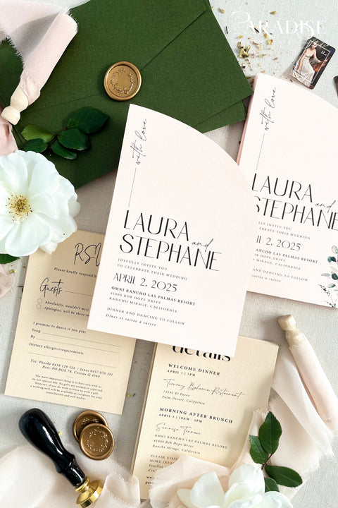 This half arch wedding invitation suite is a perfect blend of modern design and romantic artistry, crafted for couples who adore contemporary elegance with a soft, organic touch. Featuring a unique half-arched silhouette, this suite brings a sculptural dimension to your stationery - minimal yet undeniably striking. Printed on luxury textured cardstock in a delicate blush tone, each piece is complemented by botanical details and refined typography that balance modern minimalism with timeless charm.