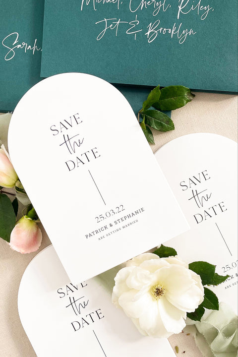 Announce your wedding with modern elegance through our arched Save the Date cards, designed with refined typography and a clean, minimalist layout. Printed on luxury fine-art cardstock, each piece embodies simplicity, structure, and timeless sophistication. Perfect for modern, contemporary, or destination weddings, this design makes a bold yet graceful first impression that speaks to understated luxury.