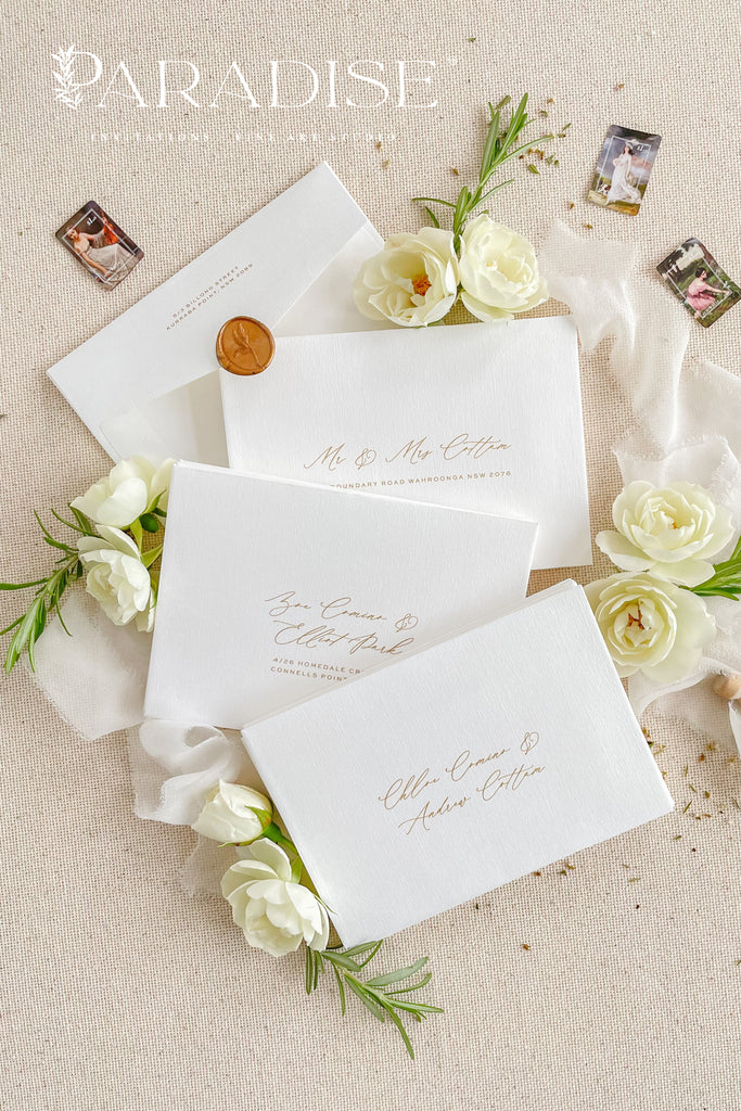 Coco Linen Envelopes and Golden Ink Printing