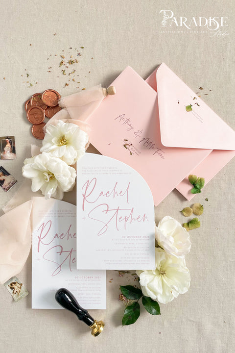 Delicate and feminine yet strikingly contemporary, this half arch wedding invitation suite sets the tone for an unforgettable celebration. Its clean layout and romantic blush palette create a dreamy first impression - perfect for modern romantic weddings, fine art garden ceremonies, or destination celebrations. Crafted on luxury fine art cardstock, each piece feels smooth, substantial, and designed to impress. Paired with blush envelopes, matching calligraphy, and rose gold wax seals.