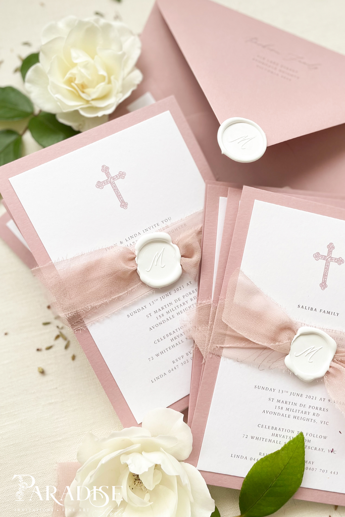 Illiana Wild rose paper, silk ribbons and wax seals Christian Invitations