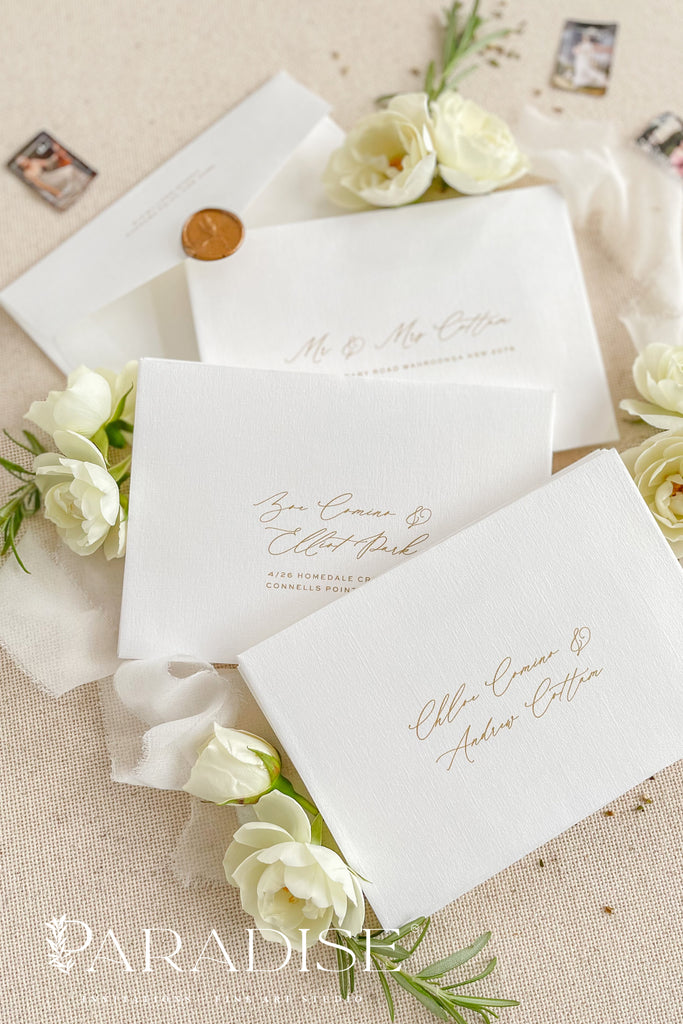 Coco Linen Envelopes and Golden Ink Printing