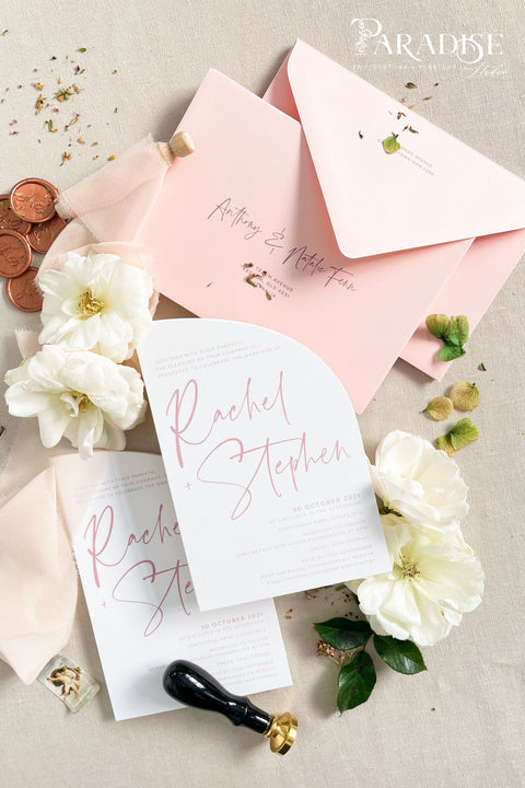 Delicate and feminine yet strikingly contemporary, this half arch wedding invitation suite sets the tone for an unforgettable celebration. Its clean layout and romantic blush palette create a dreamy first impression - perfect for modern romantic weddings, fine art garden ceremonies, or destination celebrations. Crafted on luxury fine art cardstock, each piece feels smooth, substantial, and designed to impress. Paired with blush envelopes, matching calligraphy, and rose gold wax seals.