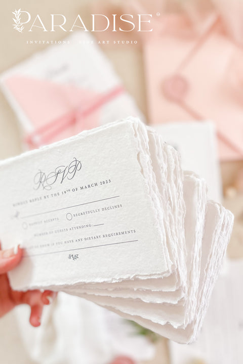 Elevate your wedding with our exquisite Handmade Paper Wedding Invitations featuring beautiful deckled edges. Crafted with love and attention to detail, these elegant invitations are tied together with luxurious silk ribbon, adding a touch of sophistication to your special day. Each piece is uniquely handmade, ensuring your announcements are as one-of-a-kind as your love story.