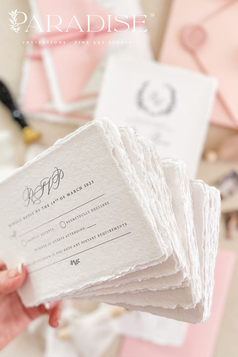 Elevate your wedding with our exquisite Handmade Paper Wedding Invitations featuring beautiful deckled edges. Crafted with love and attention to detail, these elegant invitations are tied together with luxurious silk ribbon, adding a touch of sophistication to your special day. Each piece is uniquely handmade, ensuring your announcements are as one-of-a-kind as your love story.