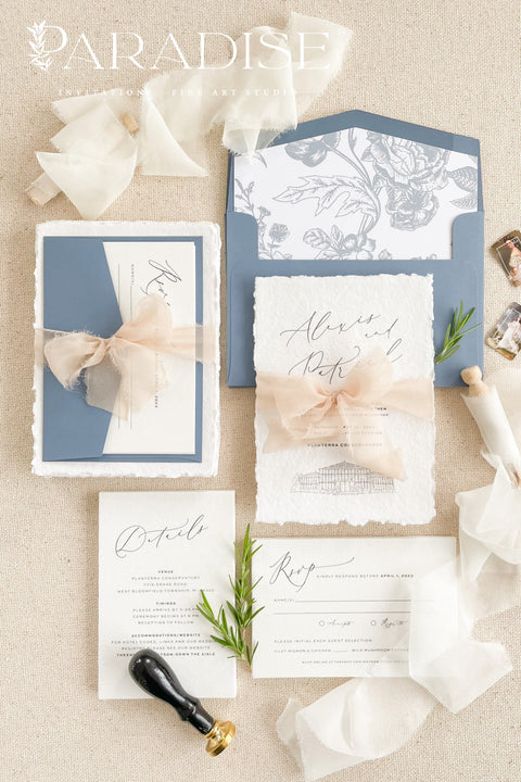 Bring timeless elegance to your celebration with our handmade deckled-edge wedding invitations, beautifully designed with dusty blue accents, soft chiffon ribbon, and a hand-drawn wedding venue illustration. Crafted for couples who value art, detail, and romance, each invitation is made by hand using premium cotton paper for a naturally textured, fine art finish. Perfect for fine art, garden, coastal, or destination weddings, this suite blends artisan craftsmanship with minimalist modern design.