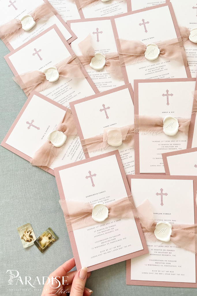 Illiana Wild rose paper, silk ribbons and wax seals Christian Invitations