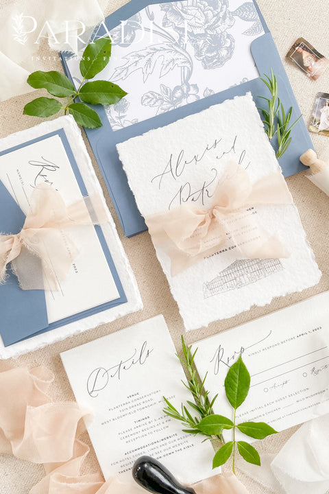Bring timeless elegance to your celebration with our handmade deckled-edge wedding invitations, beautifully designed with dusty blue accents, soft chiffon ribbon, and a hand-drawn wedding venue illustration. Crafted for couples who value art, detail, and romance, each invitation is made by hand using premium cotton paper for a naturally textured, fine art finish. Perfect for fine art, garden, coastal, or destination weddings, this suite blends artisan craftsmanship with minimalist modern design.
