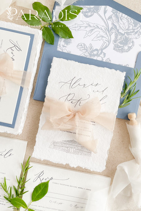 Bring timeless elegance to your celebration with our handmade deckled-edge wedding invitations, beautifully designed with dusty blue accents, soft chiffon ribbon, and a hand-drawn wedding venue illustration. Crafted for couples who value art, detail, and romance, each invitation is made by hand using premium cotton paper for a naturally textured, fine art finish. Perfect for fine art, garden, coastal, or destination weddings, this suite blends artisan craftsmanship with minimalist modern design.