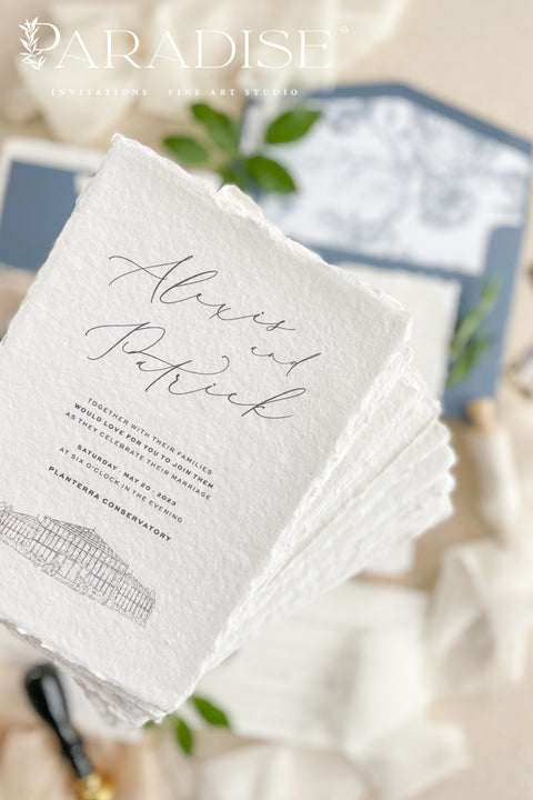 Bring timeless elegance to your celebration with our handmade deckled-edge wedding invitations, beautifully designed with dusty blue accents, soft chiffon ribbon, and a hand-drawn wedding venue illustration. Crafted for couples who value art, detail, and romance, each invitation is made by hand using premium cotton paper for a naturally textured, fine art finish. Perfect for fine art, garden, coastal, or destination weddings, this suite blends artisan craftsmanship with minimalist modern design.